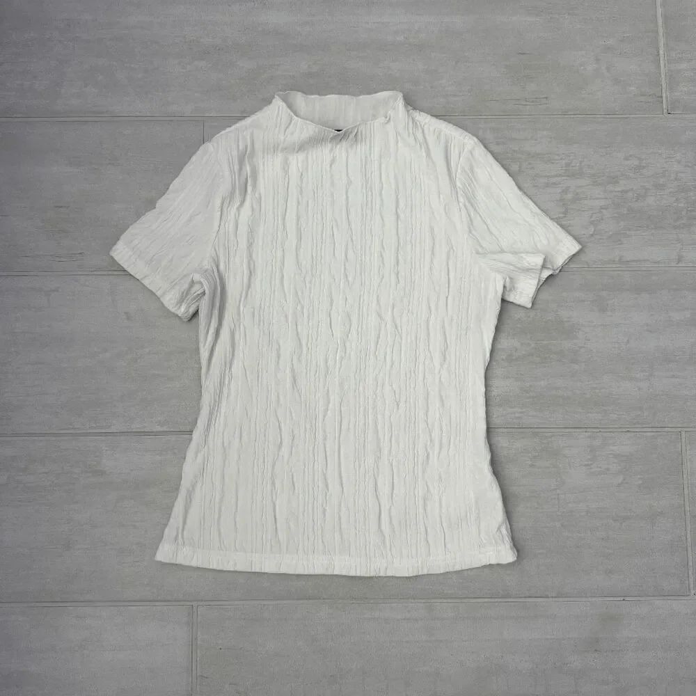 Merokeety Mock Funnel Neck Blouse Creme Textured Short Sleeves Elegant Slim Soft